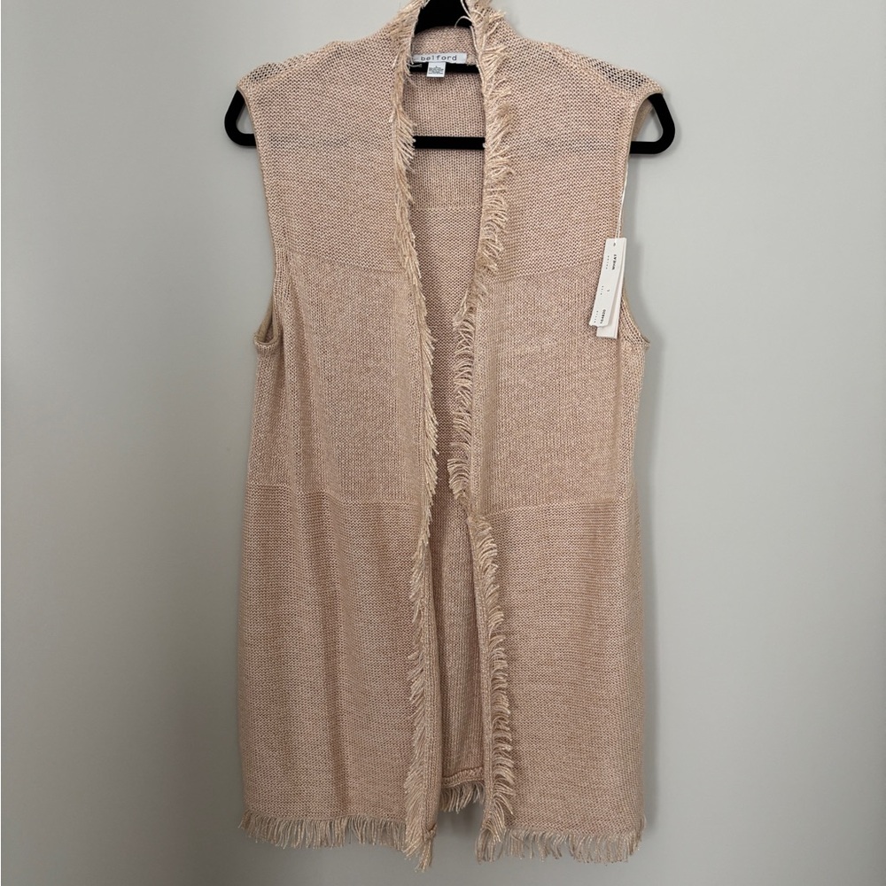 BELFORD NWT - Open Front Sleeveless Fringe Cardigan Vest - Size L  - Beige